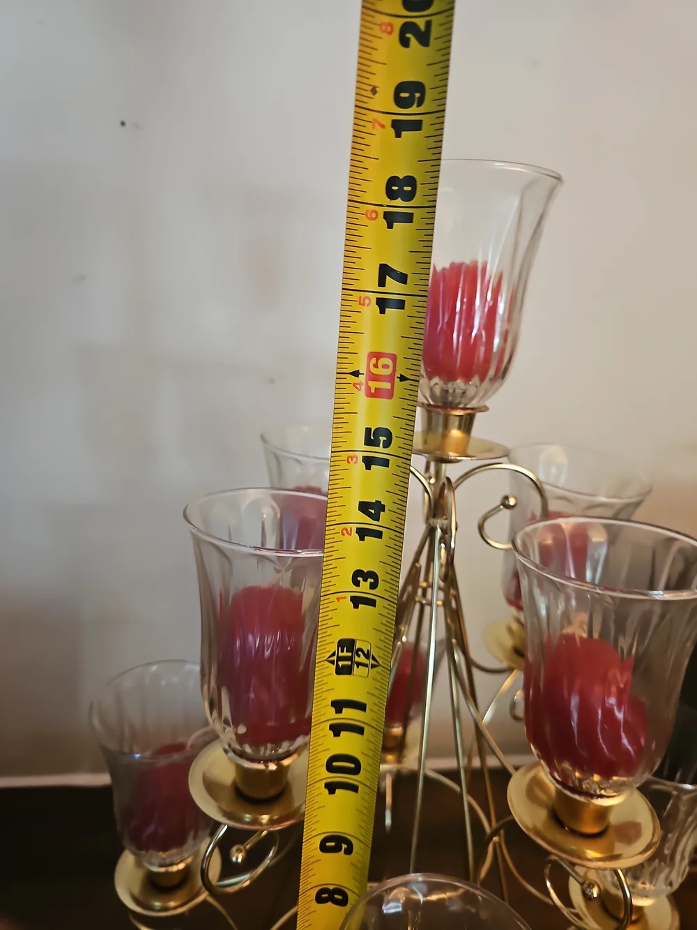 Home Interiors Gold Multi-Tier Candle Candelabra with Red Candles & Glass Shades